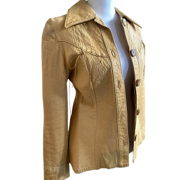 Vtg Santa Fe Leather floral embossed Shirt jacket womens S tan western boho USA - Picture 4 of 16